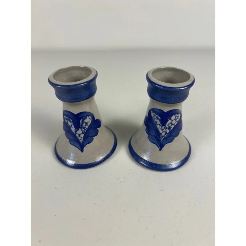 BBP Beaumont Brothers Pottery 1992 Salt Glaze Blue Heart Taper Candle Holder Set